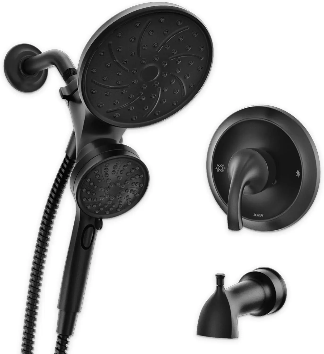 

Matte Black Multi-Function Handshower and Rainfall Shower Head Combo with Handle, Spout, Hose, Valve