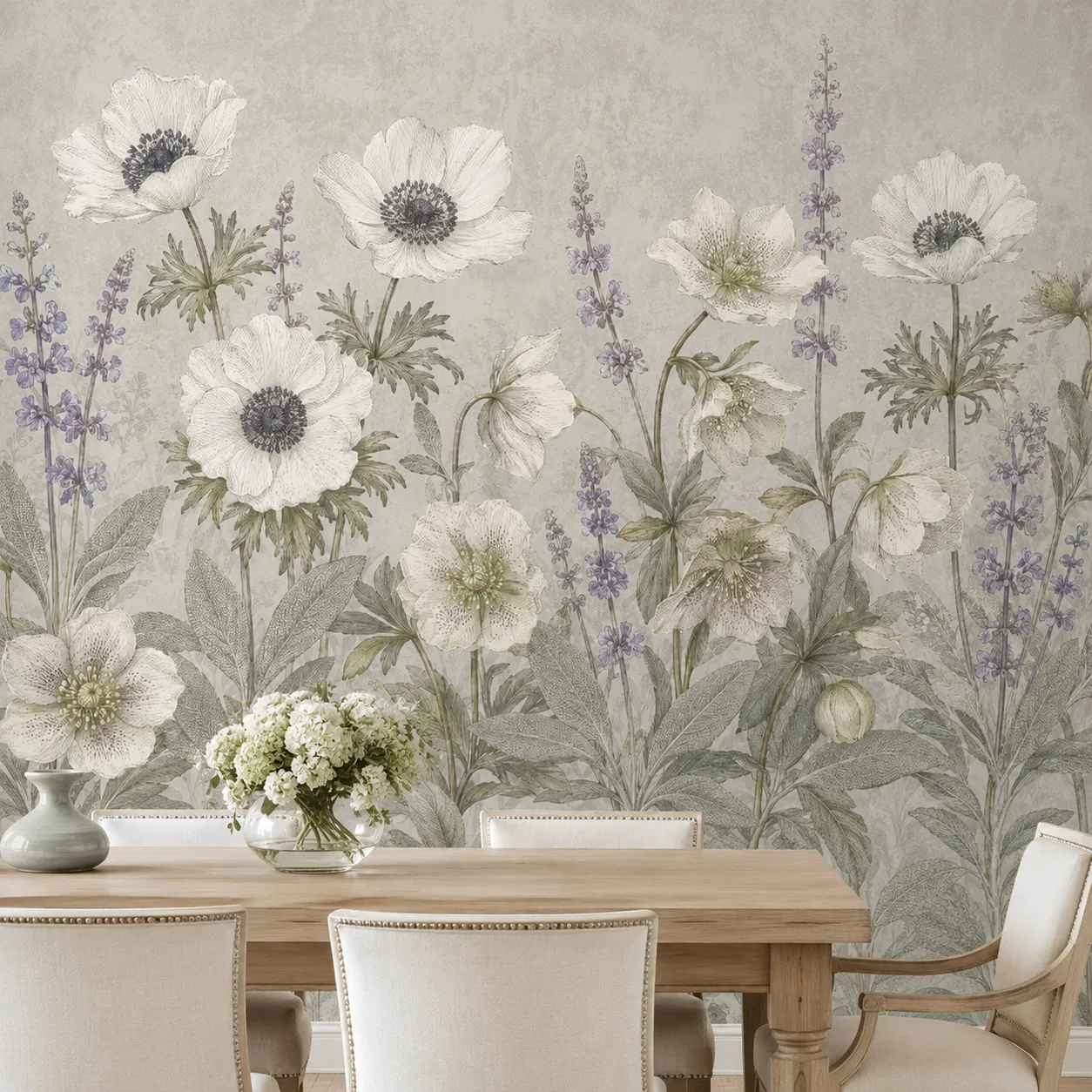 Papier Peint Mural Floral Vintage Lavande Anémone Sauge Botanique pour Salle à Manger et Salon, Art Décoratif, Sans Adhésif, Colle Nécessaire