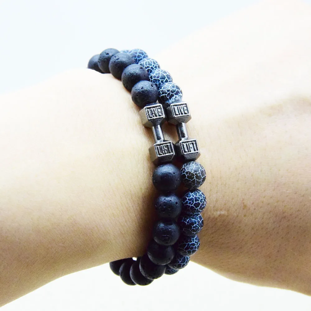 Black Weathered Stone Wristband Women Adjustable Bracelet Couple Gift Bead Bracelet Dumbbell Bracelet Men Original Holiday Gift