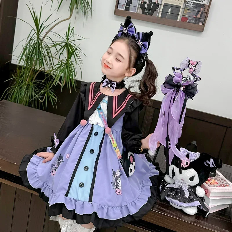 SANRIO Kuromi ชุดเดรสเจ้าหญิงสีม่วงแขนพัฟ, ชุดของขวัญวันฮาโลวีนชุดของขวัญสำหรับเด็กชุดไปงานเต้นรำวันเกิด