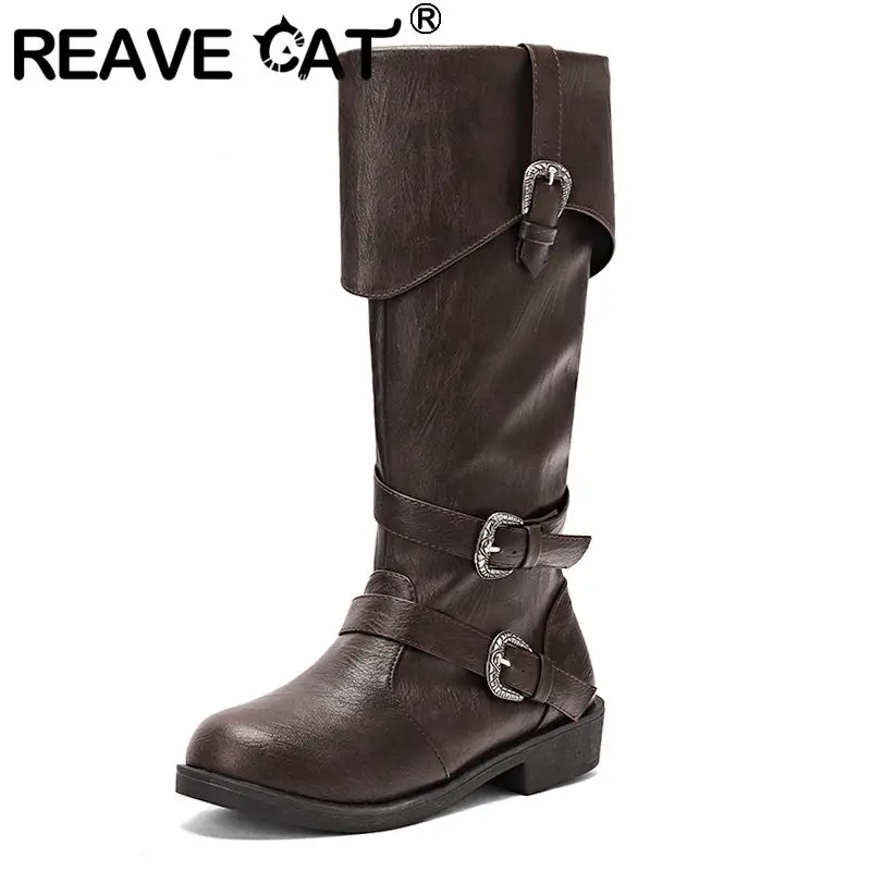 

REAVE CAT Retro Women Knee High Footwear Round Toe 3cm Thick Heels Zipper Belt Buckles Leisure Soft Bota Large Sizes 43-45