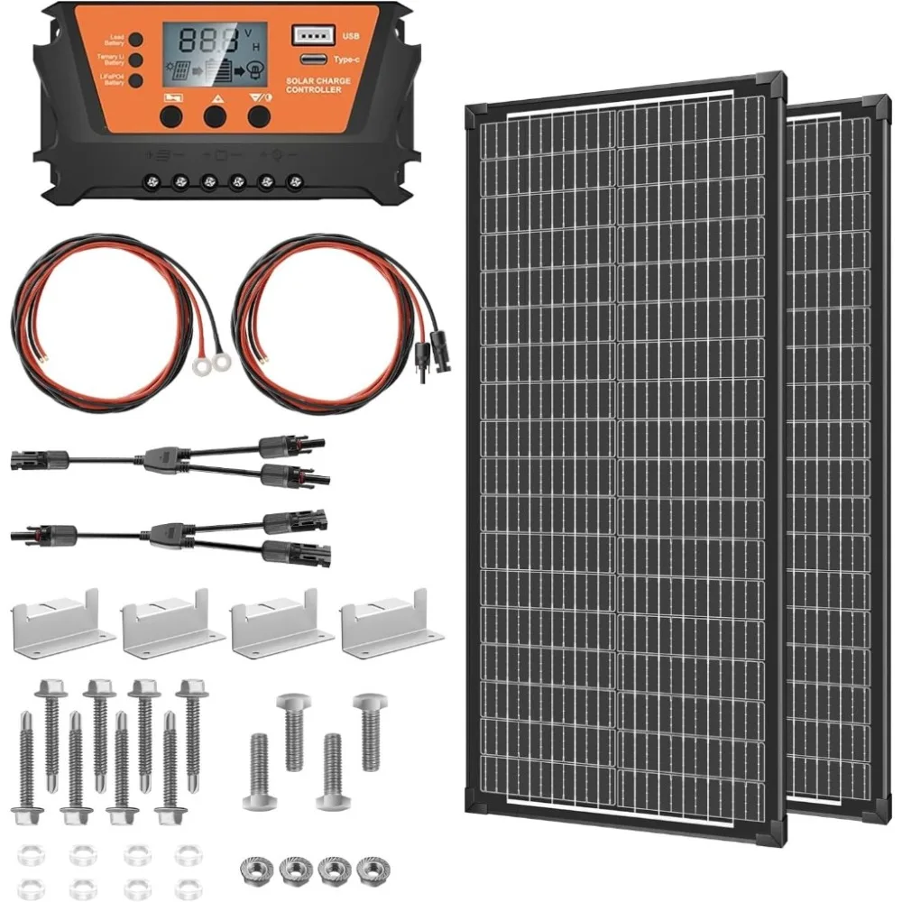 

Solar Panel Kit with 2PCS 100 Watt 12 Volt Monocrystalline Waterproof Solar Panels, 30A 12V/24V Solar Charge Controller