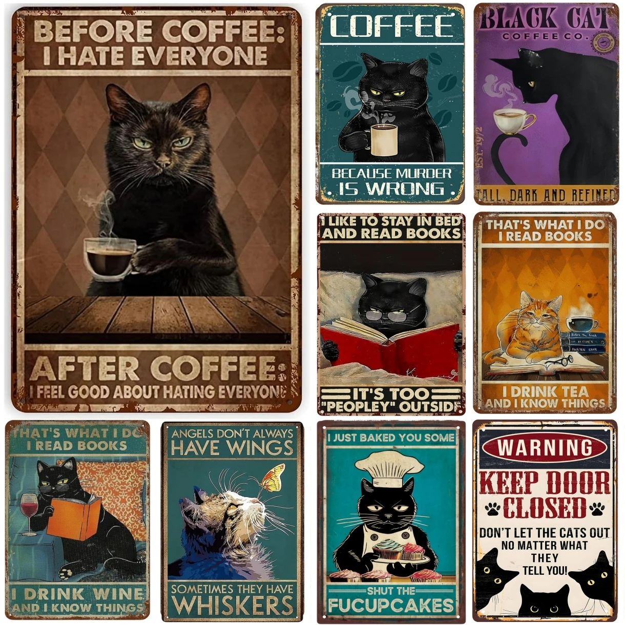 Funny Cat Coffee Metal Tin Sign, Vintage Kitchen Signs, Wall Decor, Home Bar Workshop Cafe Man Cave Decorations Art Poster