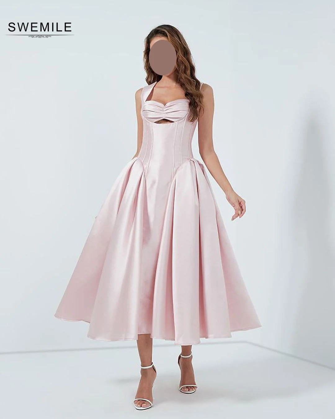 SWEMILE A-Line Square Neckline Ankle-Length Satin Hollow Out Wedding Party Dress Prom Dress Women فستان حفلات الزفاف