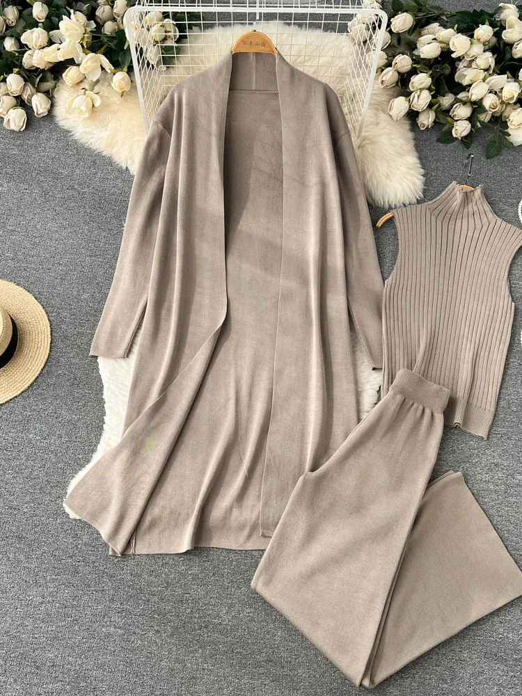 

Autumn Winter Three Piece Sets Women Knit Suit Women Long Shawl Cardigan+high Neck Sweater+wide Leg Pants Three Piece Outfits