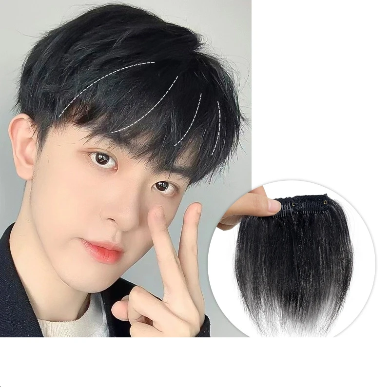 Ayunhe Men's Bangs Human Hair Bangs for Men Clips on Hairline Natural Real Hairpieces Add Forehead Hair Patches Black Dark Brown