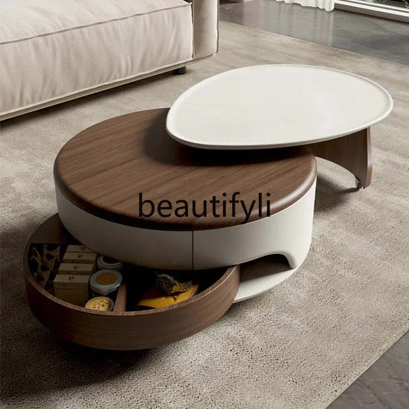 طاولة قهوة حديثة وبسيطة بلون الجوز، طاولة شاي متوسطة وعتيقة قابلة للسحب مع أدراج وطاولة ذات حافة مستديرة