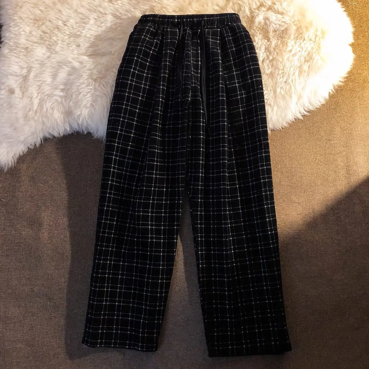 Corduroy Pants Women Plaid Aesthetic Baggy Drawstring Japanese Style Street Wear Unisex All-match Leisure Teen Trendy Feminine