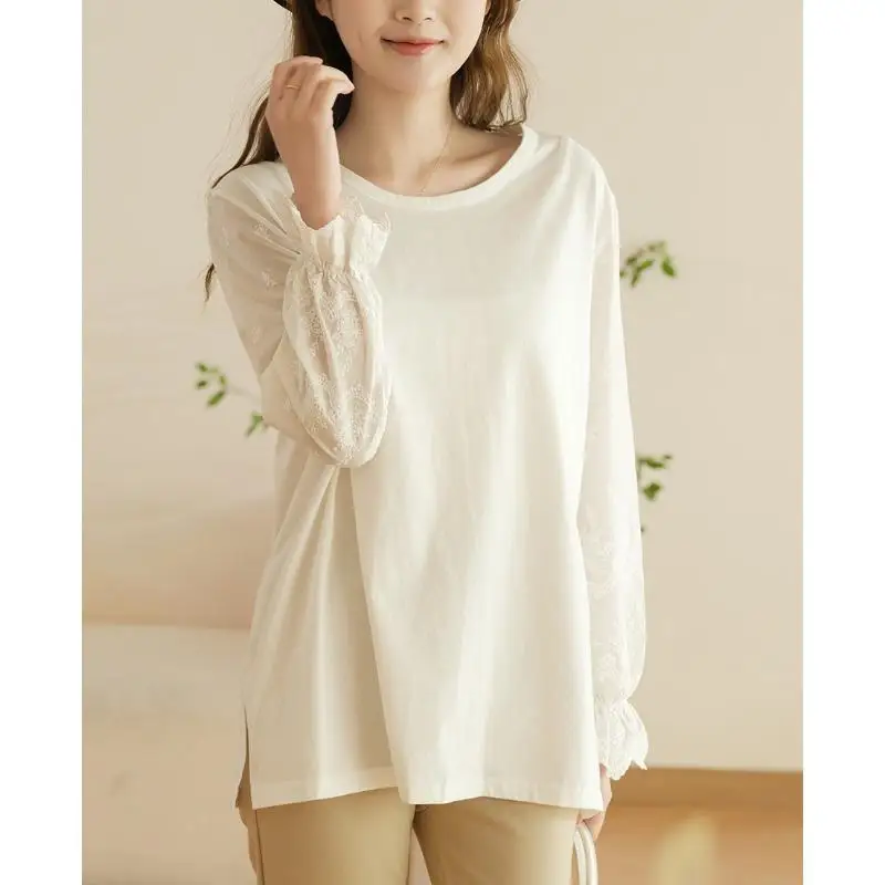 Dimanaf 2024 New Autumn T-shirt Shirt Women Lace Long Sleeve Basic Fashion Tops Tees Casual Loose White Tees