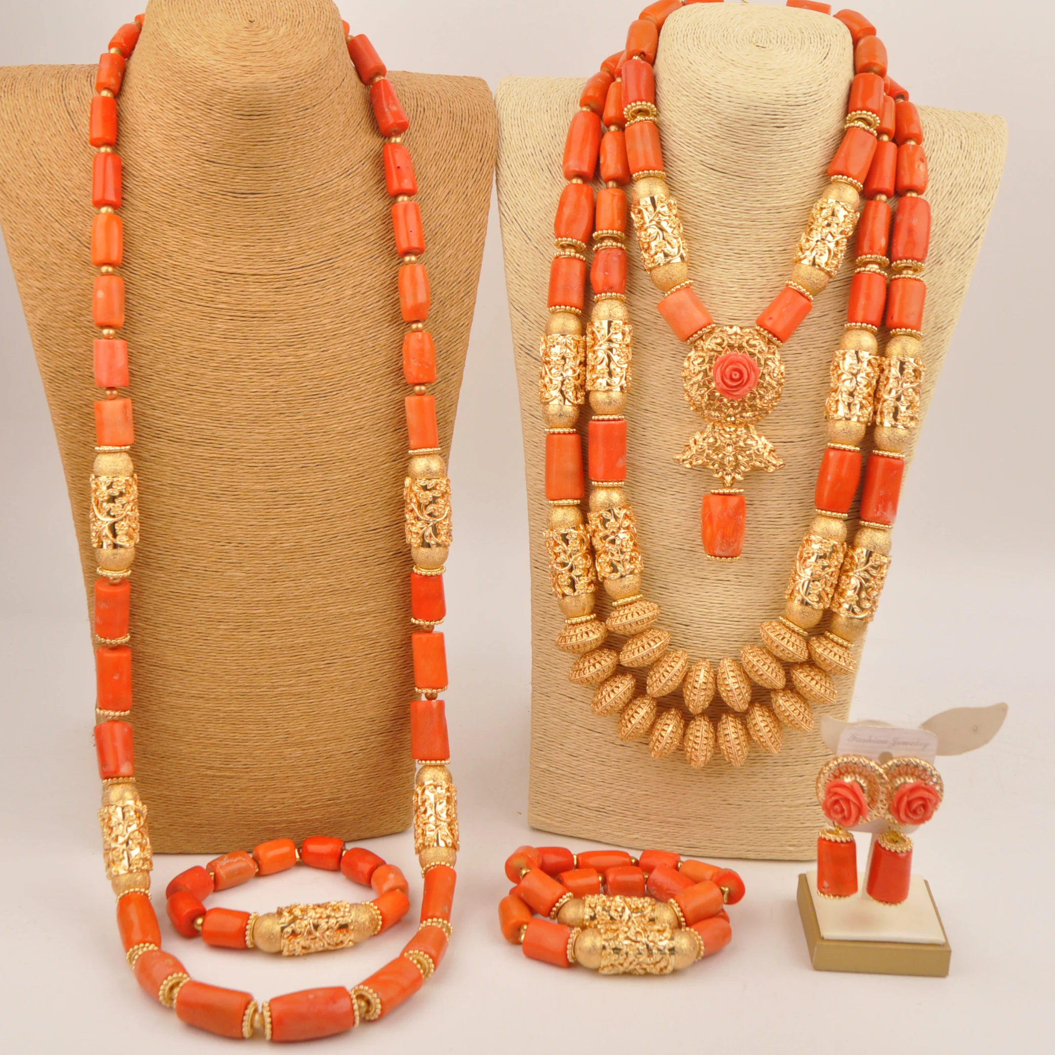 

Nigerian Jewelry Set Natural Coral Pearl jewelry set African Orange bridal gift