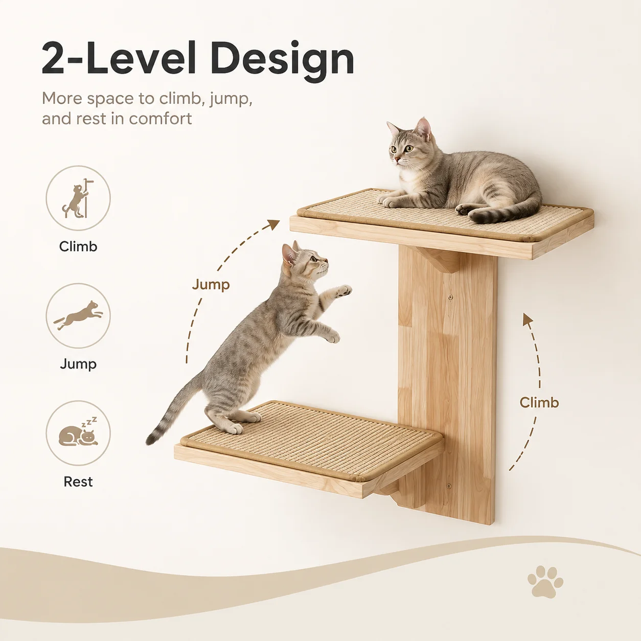 Wall-mounted cat tree, dual-platform cat wall furniture, tree-shaped floating shelving unit for kittens with a padded resting platform, made of solid rubberwood, designed for 16-inch drywall, perfect for climbing, playing, and napping (comes with suction
