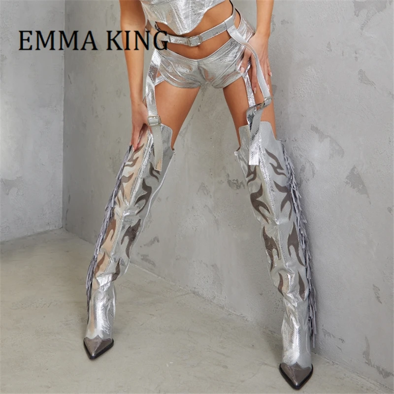 

Women Silver Metallic Leather Waist Belt Boots Ladies Fringe Thigh High Buckle Belt Strap Western Boots Nightclub Dress Shoes