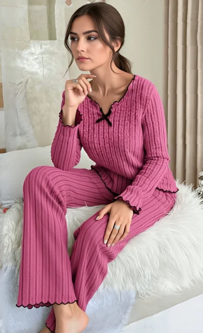 

Women Autumn Winter Sleepwear Ribbed Pajamas Set Long Sleeve Top and Long Pants 2 Piece Set Casual Homewear Loungewear
