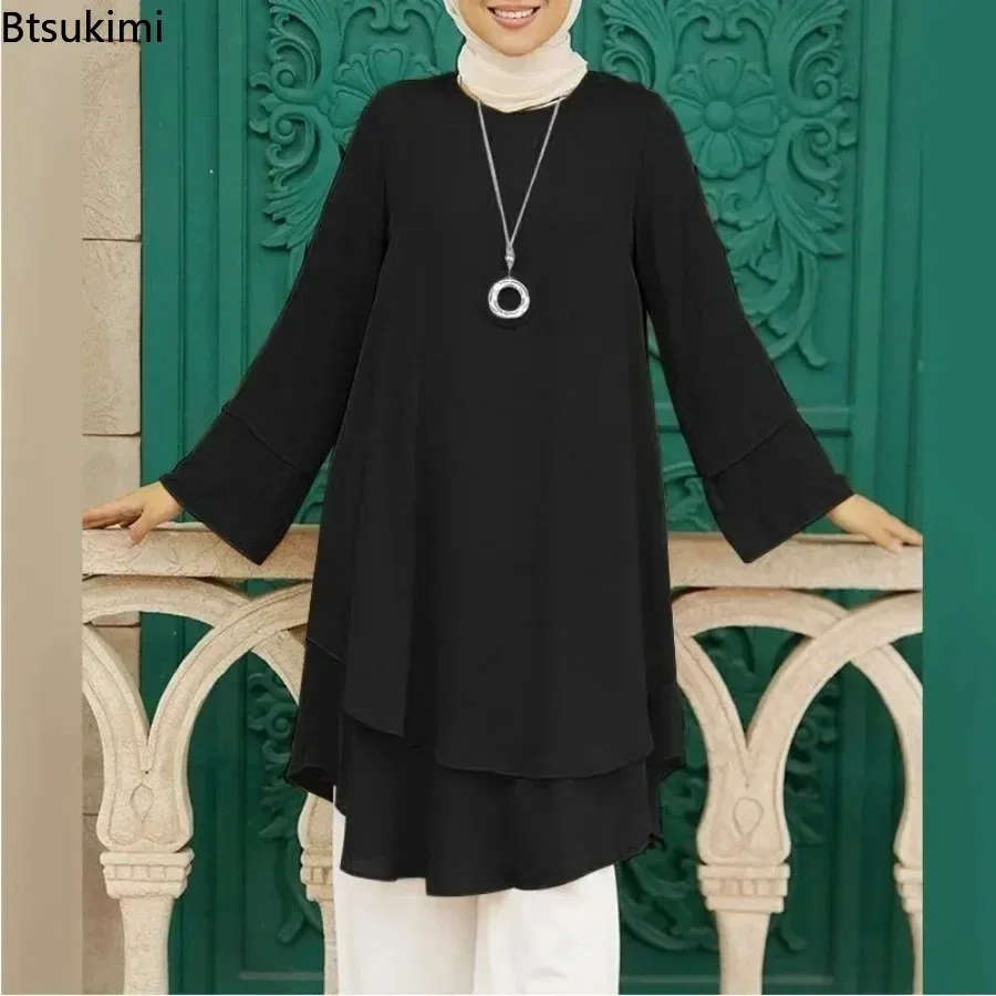 New Women Muslim Blouse Fashion Two-layer Design Elegant Female Holiday Party Solid Shirt Tops Turkey Long Robe Abaya Hijab 2026