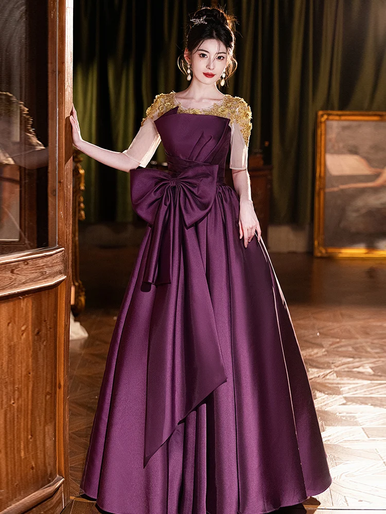 أنيقة الأرجواني ألف خط فساتين حفلات طويلة طاقم الرقبة مع القوس الكبير مساء حزب ثوب مساء اللباس مخصص فستان المناسبات الرسمية