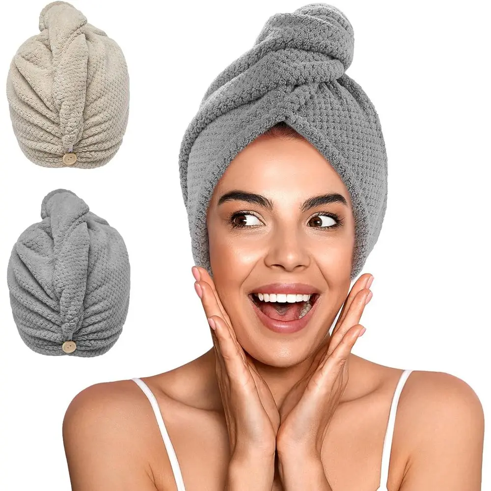 2 Pack Ultra Absorbent Quick Dry Hair Turban for Women, Large Styling Hair Towel with Button