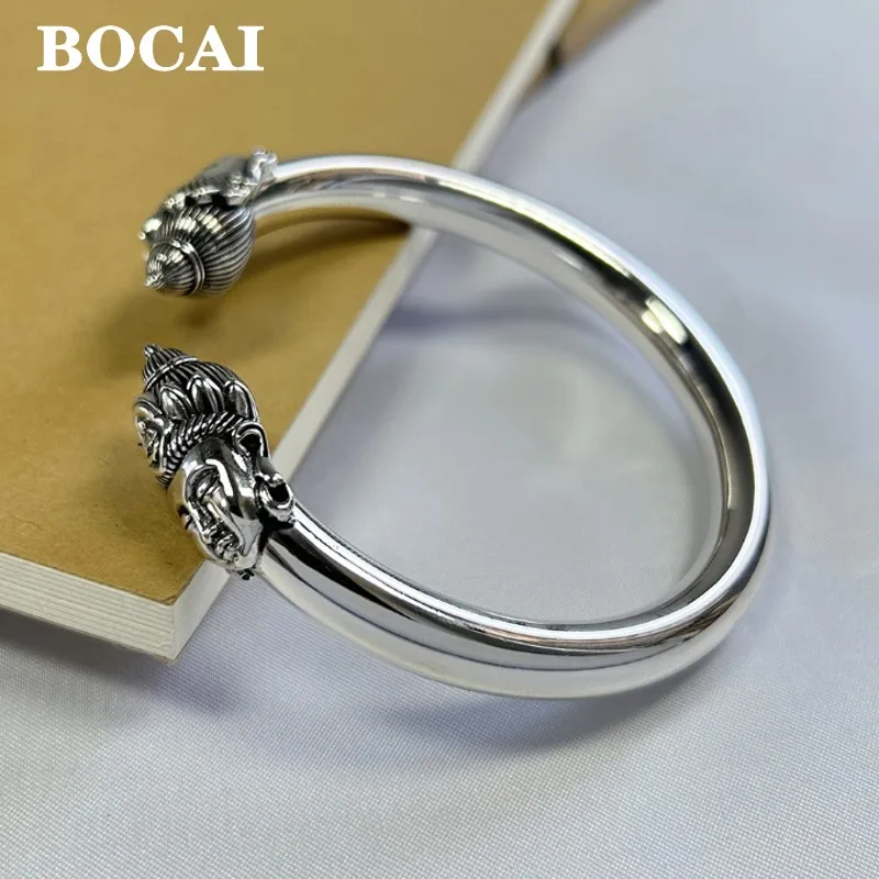 BOCAI New Real s925 Silver S999 Silver Ruyi Double Buddha Head Bracelet for Men and Women Retro Ethnic Style Simple Jewelry