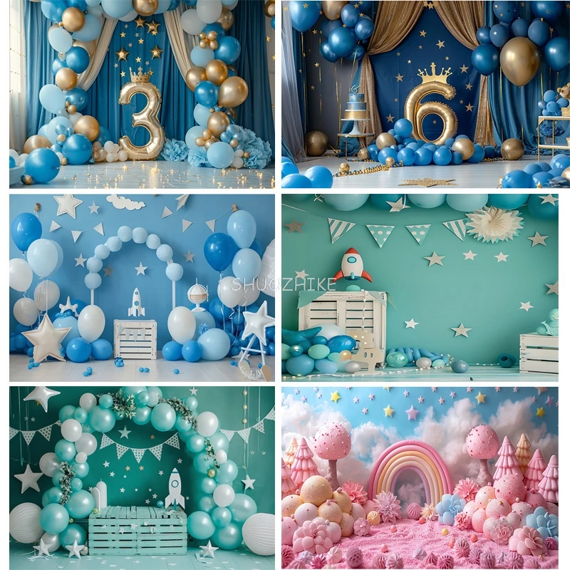 

Blue Gold Birthday Party Photography Backdrops Props Arch Balloons Joyous Candyland Newborn Baby Photo Studio Background TF-04