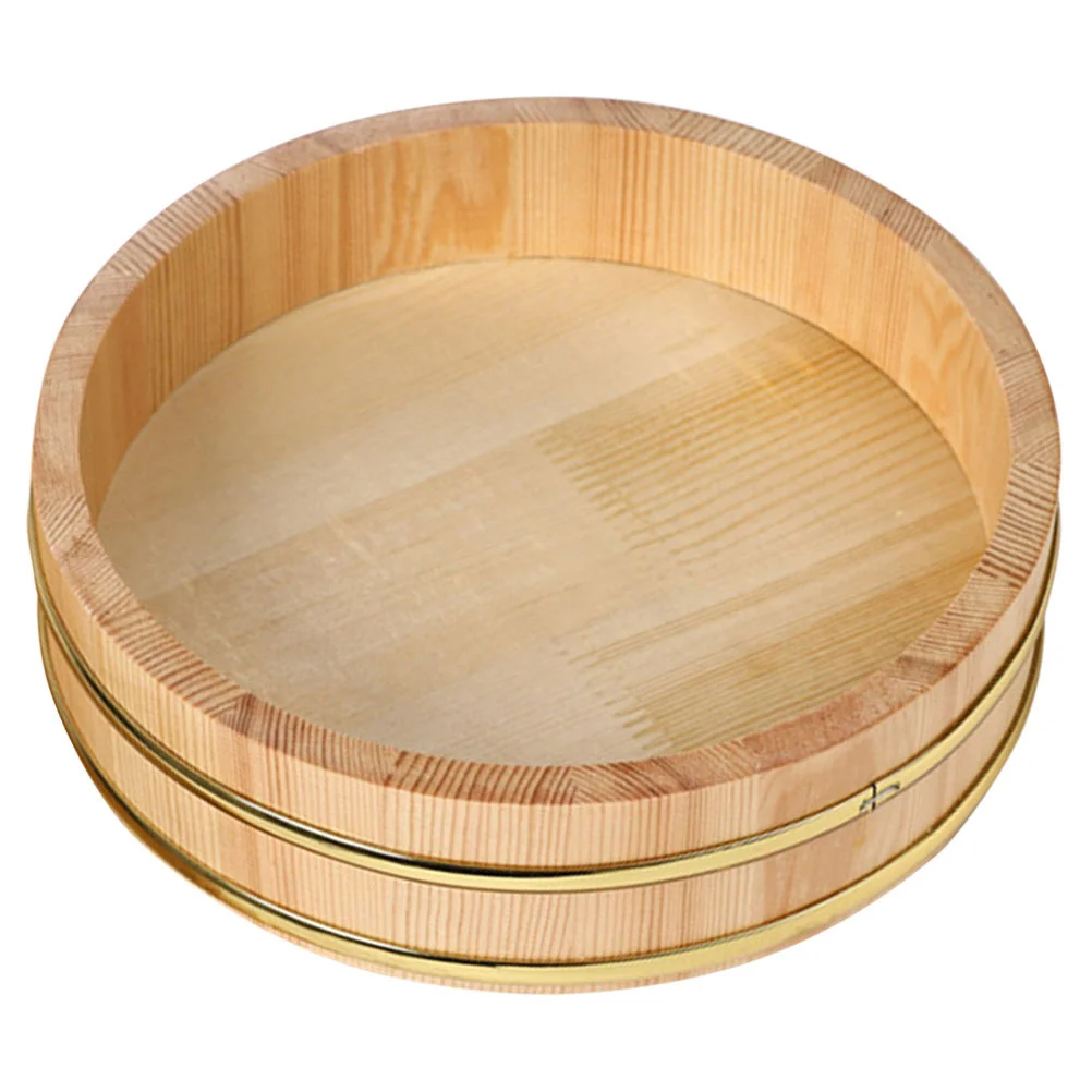

Traditional Wooden Hangiri Bowl Sushi Rice Mixing Tub with Elegant Gold Rim for Restaurant Sashimi Lobster Presentation