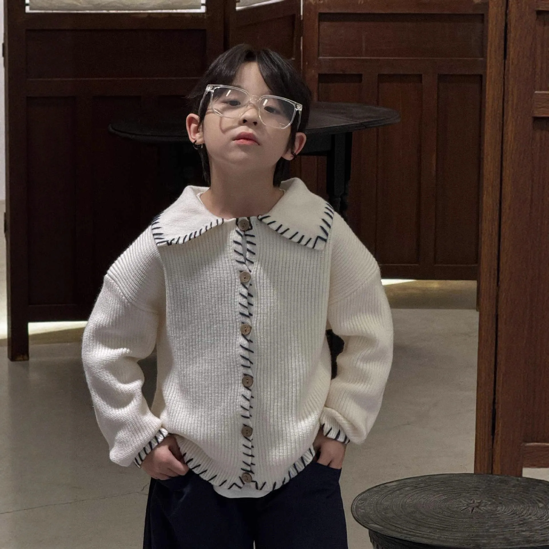 Autumn 2025 New Children's Clothing Boys' Beige Black Border Contrasting Cashmere Sweater Cardigan Jacket