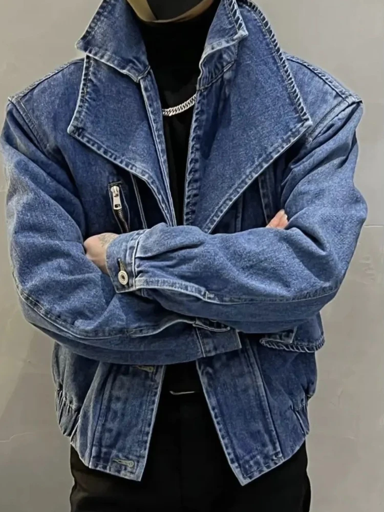 Men's Fashion Spring Autumn New Premium Design Faux Two-Piece Spliced Double Collar Short Denim Jacket