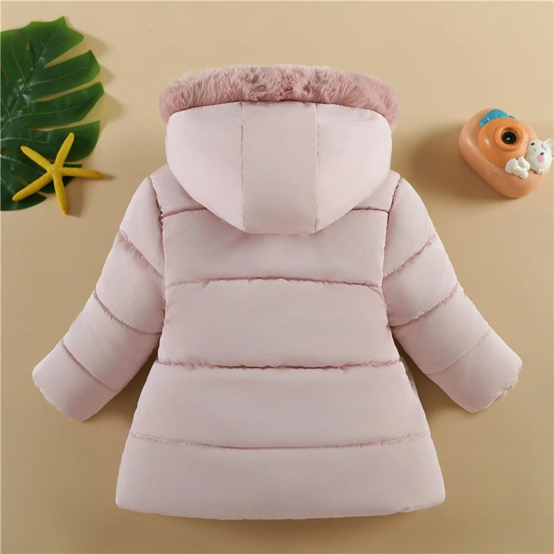 Girls Hooded Zipper Coat Winter Fur Collar Add Velvet Thick Warm Jacket New Bead String Baby Outerwear Kids Infant Autumn Clothe