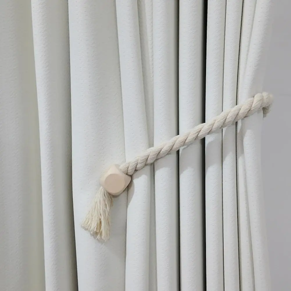 2Pcs Magnetic Curtain Tiebacks Natural Cotton Hand Woven Rope Wooden Ball Boho Curtain Buckle Home Decor Drape Holdbacks