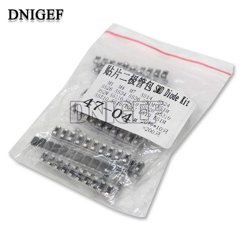 200PCS/Set SMD Diode Assorted Kit Contains SS110 SS220 SS210 SS310 SS510 SS16 SS26 SS34 SS36 ES1J ES1D M7 M4 US1M 20value*10PCS