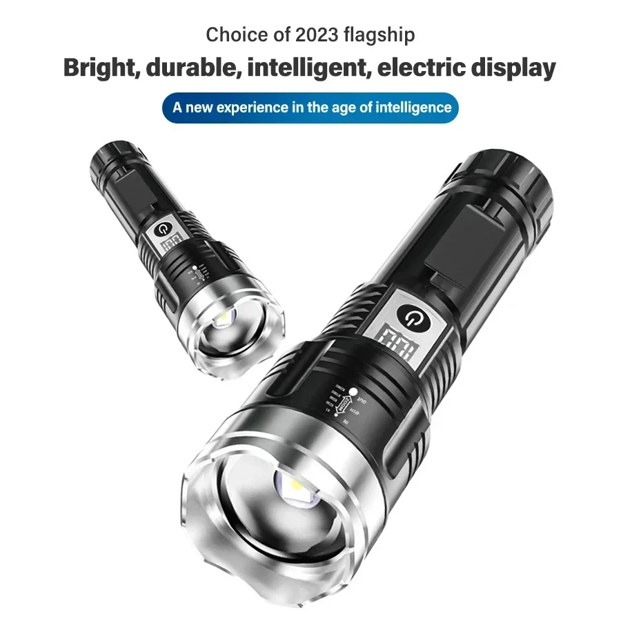 10000LM Powerful LED Flashlight Built-in Battery USB Rechargeable Zoom Torch With Power Display Outdoor Tactical Flashlights
