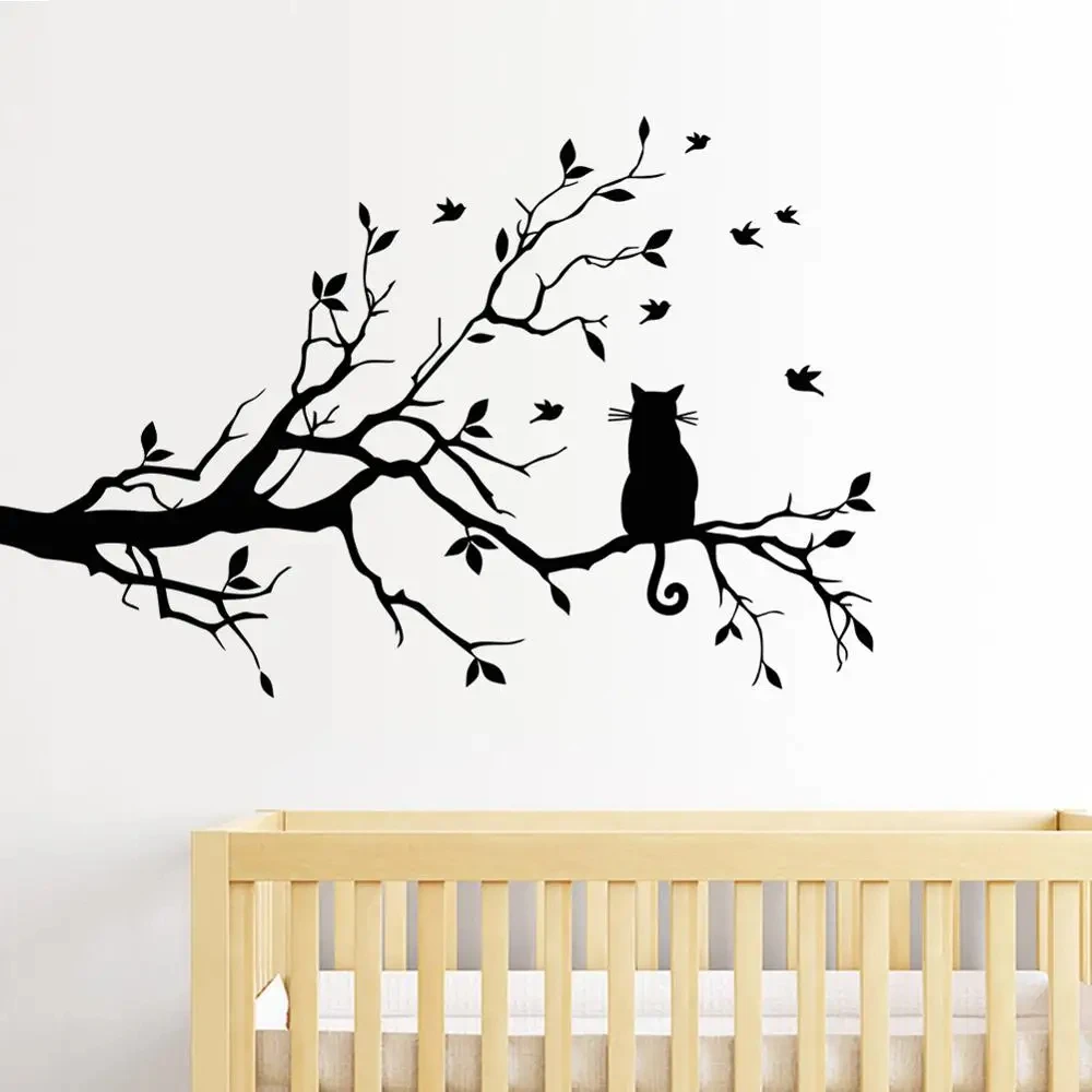 Cat On Tree Branch Wall Sticker, Living Room, Sofa Background, Bedroom, Home Decoration, Animal Decals