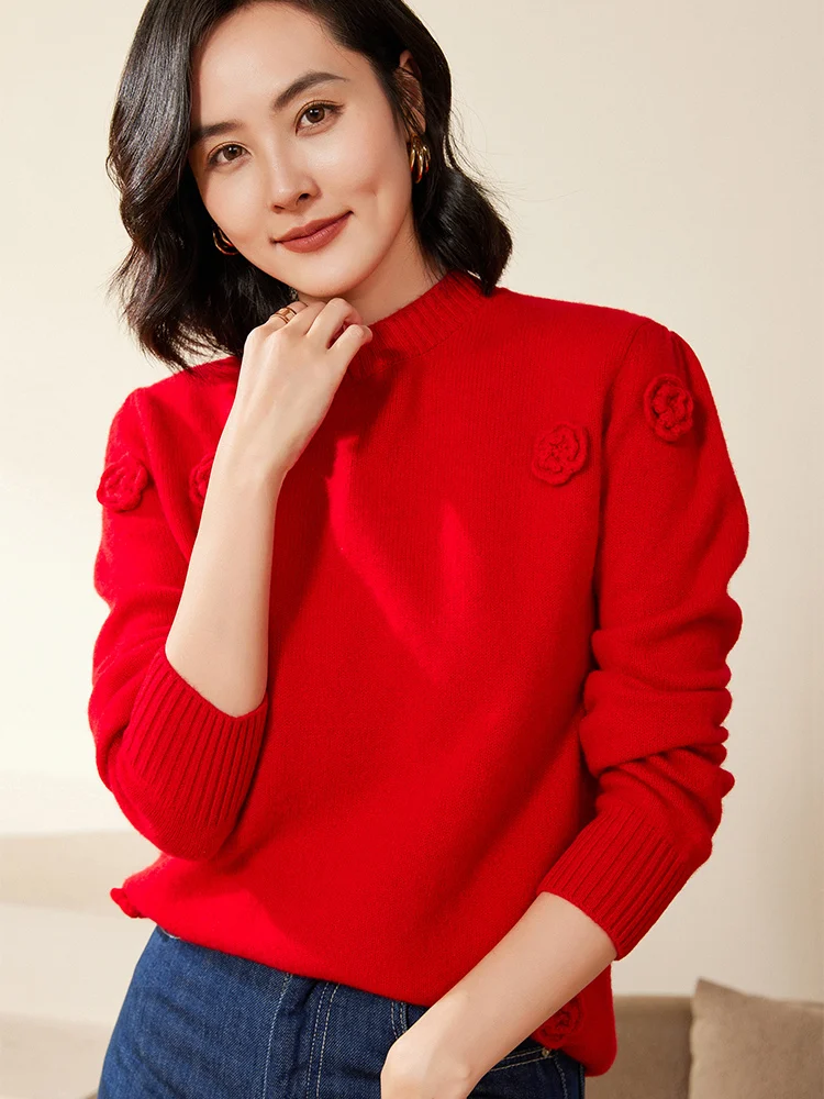 شيك المرأة 100% ميرينو رداء علوي من الصوف س الرقبة اليدوية هوك زهرة البلوز مكتب سيدة لينة الكشمير تريكو الخريف الشتاء القمم