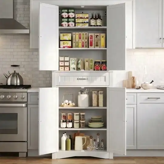 28.5x15.3x70.8in White Freestanding Storage Cabinet with Drawer and Doors Adjustable Shelf for Kitchen Bathroom Living Room