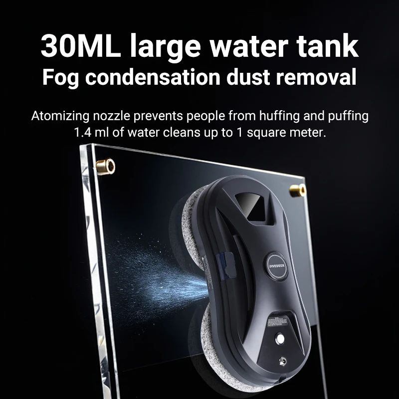 DIVEDEER Window Cleaning Robot Ultrasonic Water Spray Intelligent Path Planning 2800Pa Suction Power Black Round Appearance