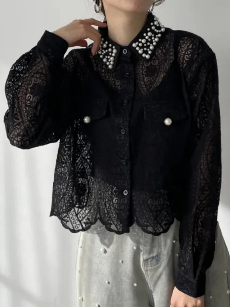 

UOOZEE женские элегантные жемчужные ажурные кружевные куртки с лацканами, новинка 2025, свободные городские модные офисные рубашки с длинными рукавами на пуговицах, топы