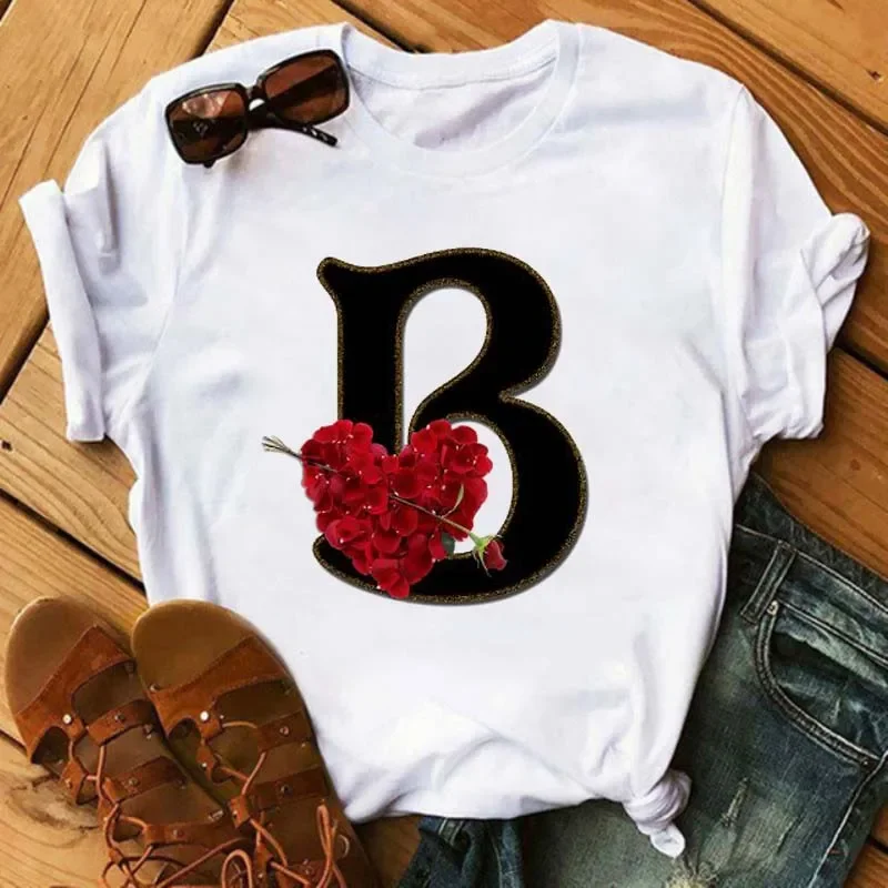 Custom Name Letter Combination Women's High Quality Printing T-shirt Flower Letter Font A B C D E F G Short Sleeve Clothes Femal