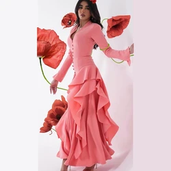 ROSELLA Pink V Neck Evening Dresses Tiered Asymmetrical Ankle Length A Line Women Formal Party Dress New 2023