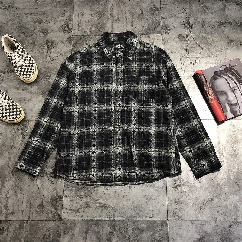 

Street Sle Men's Long Sve irt Cross Print Plaid Casual Faion Trendy BrandOOXXHOODS Square Collar Regular Length