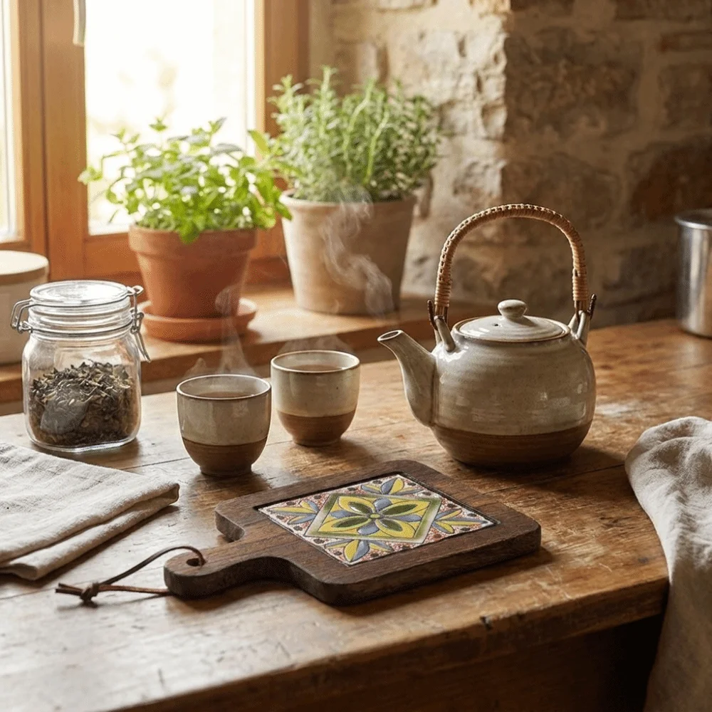 Heat Resistant Wood Coaster Retro Sturdy Insulation Mat with Flower Tile Vintage Table Protector Home Decoration