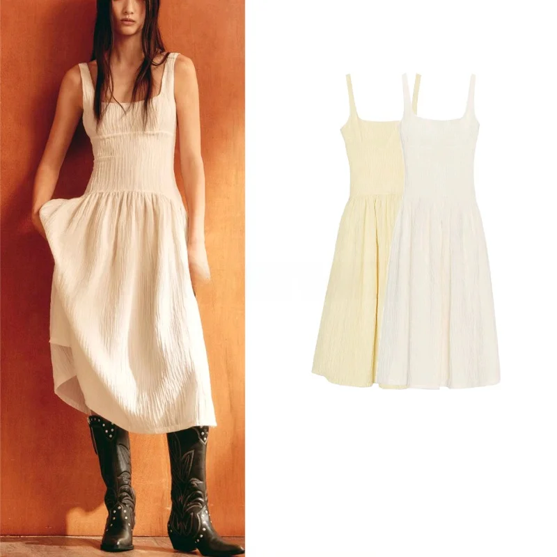 Nuevo vestido Midi sin mangas de verano para mujer, vestido con cuello cuad, estilo informal, fibra de poliéster en forma...