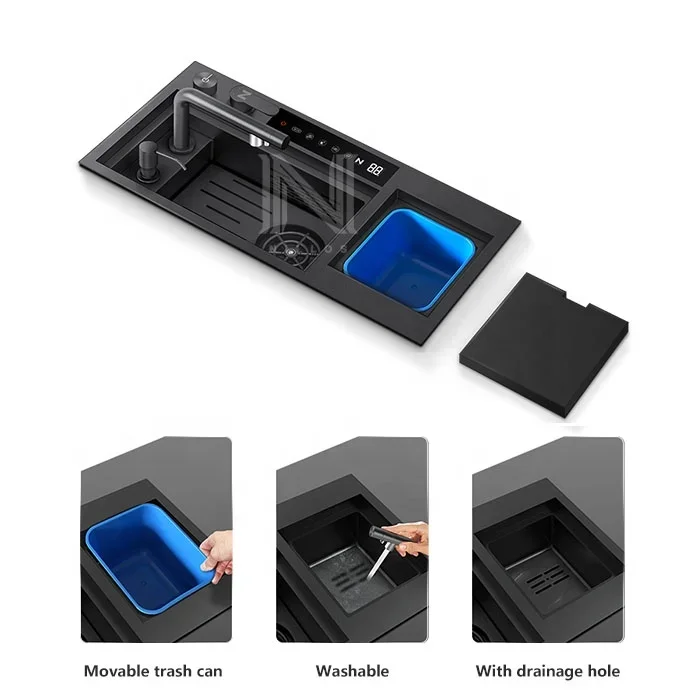 6532 Intelligent 304 Black Stainless Steel Hidden Flip Cover Smart Fruit Hydro Purification RV Kitchen Sink With Glass Rinser