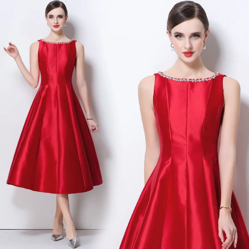 

Элегантное атласное платье А-силуэта Ele Svel с круглым вырезом, украшенное стразами, с эффектом утяжки талии, для вечерних мероприятий