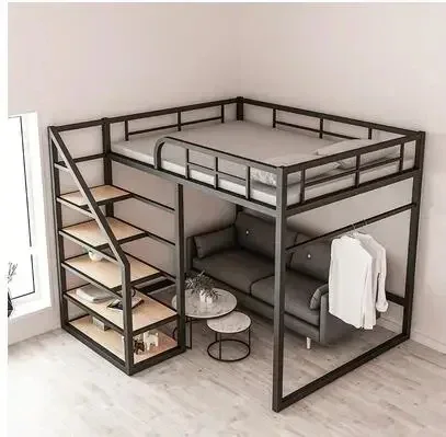 Iron work elevated bed under the empty single upper layer double layer small family space saving attic bunk apartment high and l