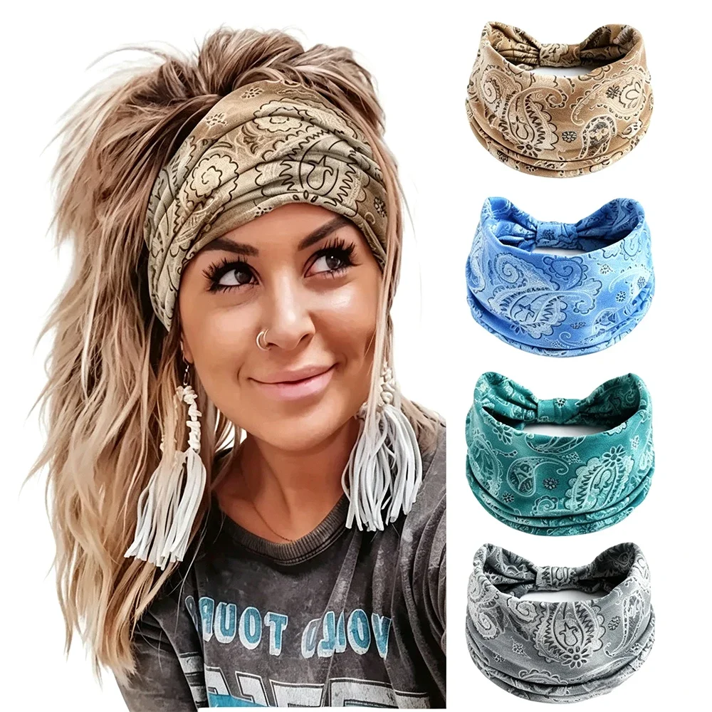 Women Wide Western Bohemian Knotted Headband Elastic Moisture-Wicking Hair Wrap for Yoga Running Daily Hair Band