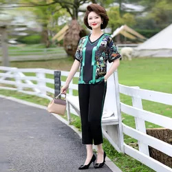 Middle-aged Women Sets Summer floral silk Short Sleeve T-shirt & Pants Suits Mom Elegant Print Ice Silk 2 Piece Sets