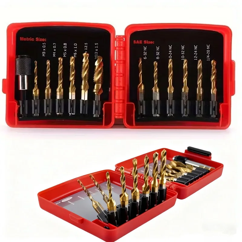 13pcs Drill Bit and Tap Set with Quick-Change Adapter, Metric Taps, 3-in-1 Tool for Drilling, Threading, and Reaming - Steel