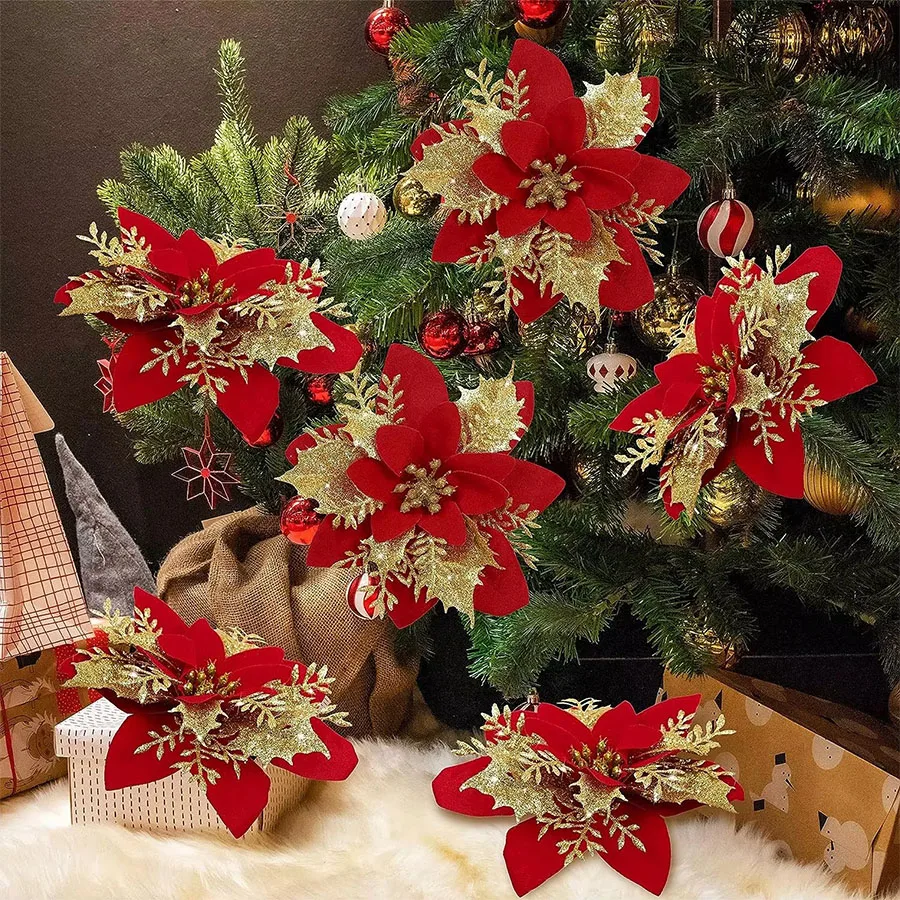 10 Stück 14cm Glitzer-Weihnachtssterne Künstliche Blumen mit Clips DIY Weihnachtsbaum-Ornamente Kranz Kamin-Dekorationen – Detail 2