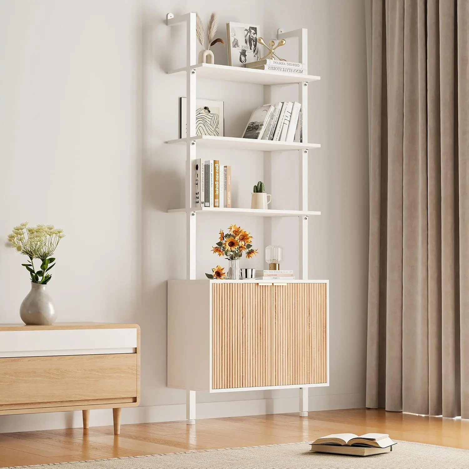 

74" Tall Bookshelf with Storage Cabinet, Modern Ladder Shelf for Living Room, Bedroom, Home Office, White and Oak