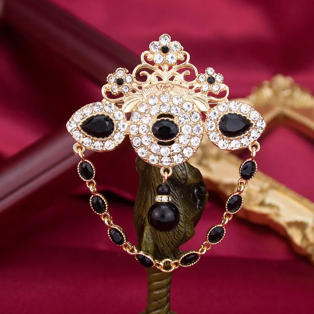 Elegent Princess Women Brooch Tassels Chain Crystal Caftan Hijab Flower Pins Gold Color Arabic Bridal Broches Jewelry