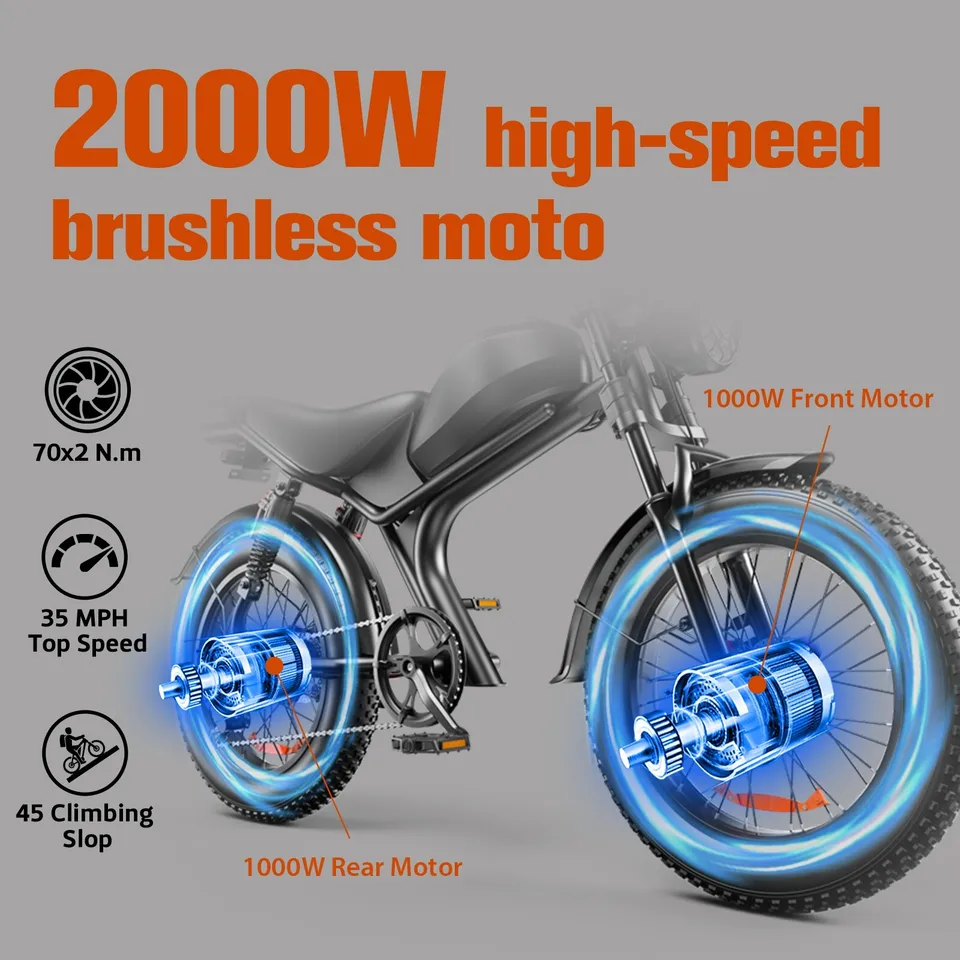 20" Electric Bike 2000W E-Bike For Adults Dual Motor Bicycle  35mph Fat Tyre image 3
