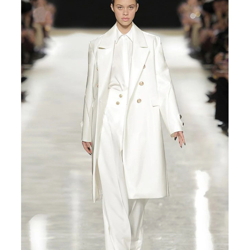 Luxurious Satin White Women's Double-Breasted Trench Coat Chic Formal Runway Style Lapel Collar Long Oversized Outerwear